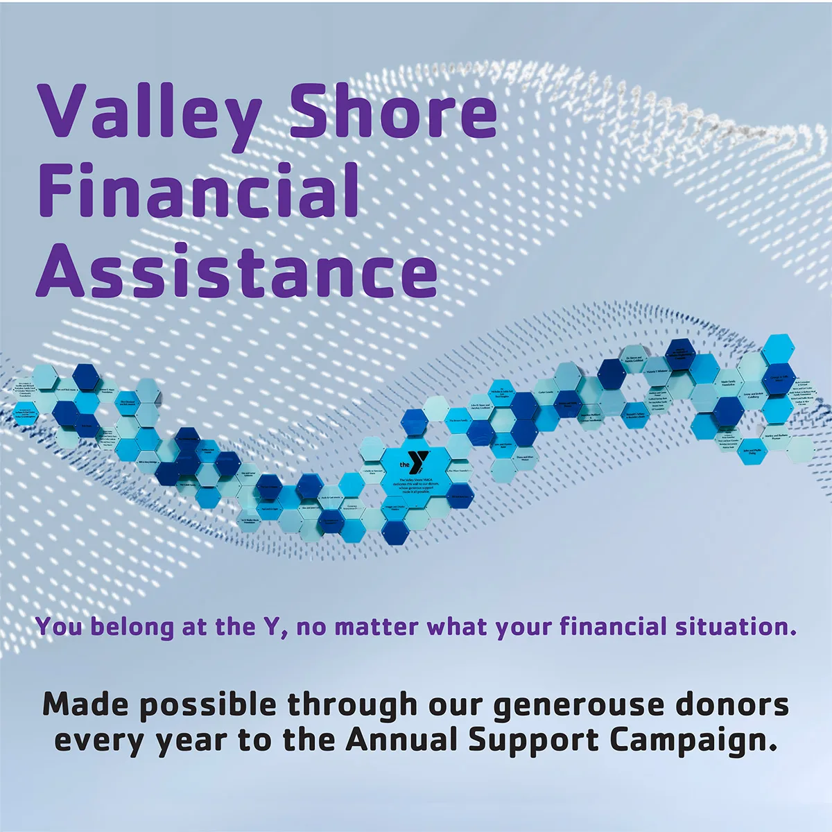 A text-based image displaying the words 'Valley Shore Financial Assistance', 'You belong at the Y, no matter what your financial situation. Made possible through our generous donors every year to the Annual Support Campaign.'